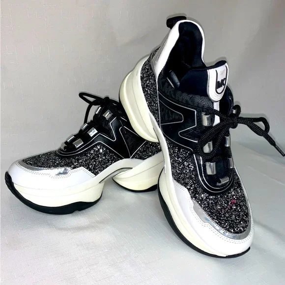 MICHAEL KORS Olympia Glitter Trainer Sneaker Women’s Black Silver 8.5M Lace Up - Picture 4 of 17